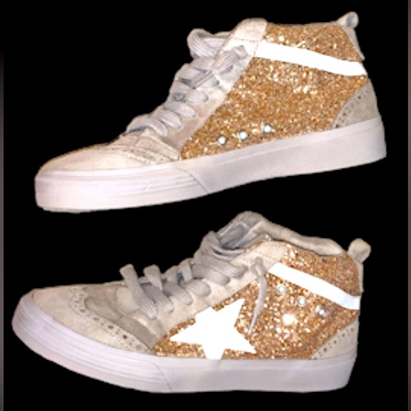 ShuShop shu shop RINA Hi-Top sneakers gold glitter tennis shoes women’s size 6.5 - Picture 1 of 14